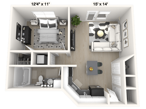 Floor plan for 1 bed, 1 bath, 617 sqft